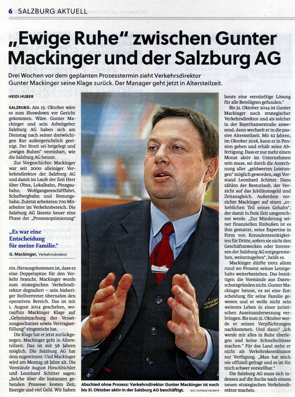 Zeitungsartikel Salzburger Nachrichten "Ewige Ruhe" zwischen Gunter Mackinger und Salzburg AG. 24.09.2014