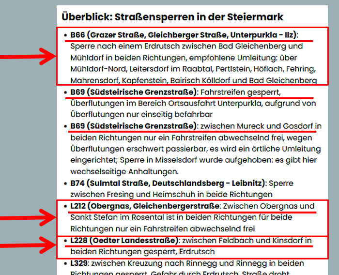 Liste der Straßensperren in der Steiermark während des Hochwassers August 2023