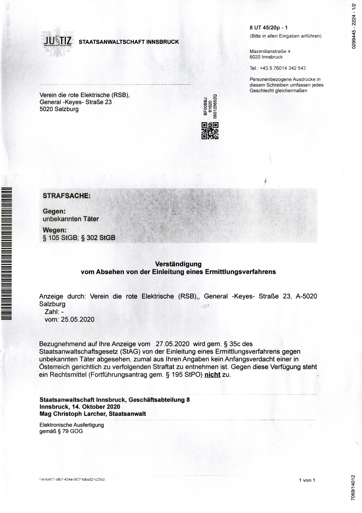 Brief Staatsanwaltschaft Innsbruck Ablehnung