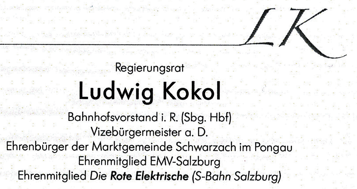 Nachruf Regierungsrat Ludwig Kokol Bahnhofsvorstand Salzburg Hbf.